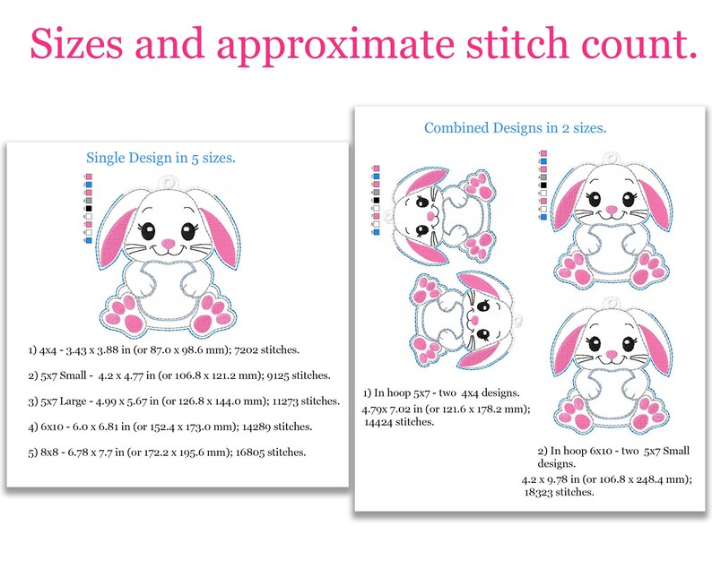 May include: A white bunny with pink ears and paws is shown in five different sizes. The image also shows two combined designs of the bunny in two different sizes. The image includes stitch counts and measurements in inches and millimeters.