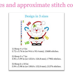 Puede incluir: Un dise&ntilde;o de bordado de Santa Claus con el texto HO HO HO, que incluye una tabla de colores y tres tama&ntilde;os: 94,6 x 95,4 mm, 125,8 x 126,8 mm y 150,8 x 152,0 mm, con conteos de puntadas de 13680, 17902 y 21376.