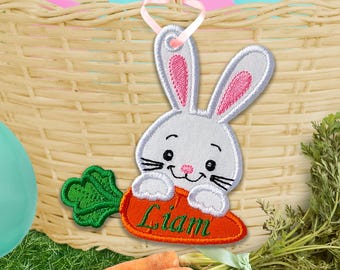 Bunny Face With Carrot Bag Tag for Easter Basket - Easter Bag Tag In The Hoop Applique Embroidery Design - Machine Embroidery Design.
