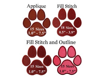 Paw Print Embroidery Designs - Dog Cat Paw Print Fill Stitch and Applique Machine Embroidery Designs - Digital Download - Set of 4 Designs
