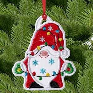 Christmas Gnome With Lights Ornament In The Hoop Machine Embroidery Design - Christmas Ornament In The Hoop Applique Embroidery Design.