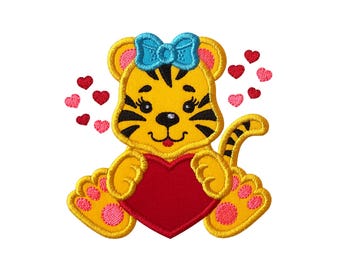 Valentine Tiger Girl Applique Machine Embroidery Design - Cute Baby Tiger With Heart Instant Download