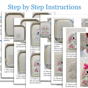 May include: Step-by-step instructions for making a cute bunny applique. The instructions include images of each step, showing how to hoop the fabric, trim the edges, and stitch the design. The final image shows the finished bunny applique.