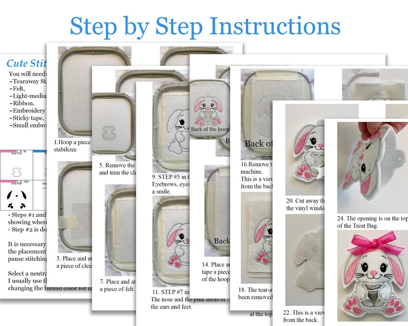 May include: Step-by-step instructions for making a cute bunny applique. The instructions include images of each step, showing how to hoop the fabric, trim the edges, and stitch the design. The final image shows the finished bunny applique.