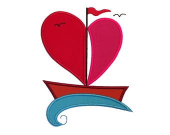 Valentine Boat Applique Machine Embroidery Design - Sailboat Instant Download