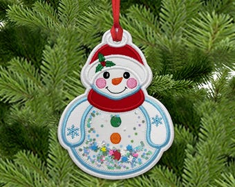 Snowman Ornament Shaker In The Hoop Machine Embroidery Design - Christmas Ornament with Glitter In The Hoop Applique Embroidery Design