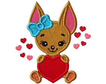 Chihuahua Girl With Heart Valentine Embroidery Applique Design - Valentine’s Day Applique Design for Girls-3 Sizes - Dog Applique Design.