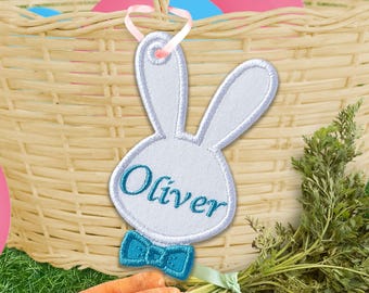 Bunny Face With Bow Tie Bag Tag Machine Embroidery Design - Easter Bag Tag In The Hoop Applique Embroidery Design for Easter Basket.