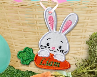 Bunny Face With Carrot Bag Tag for Easter Basket - Easter Bag Tag In The Hoop Applique Embroidery Design - Machine Embroidery Design.