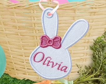 Bunny Face With Bow Bag Tag for Easter Basket - Easter Bag Tag In The Hoop Applique Embroidery Design - Machine Embroidery Design.