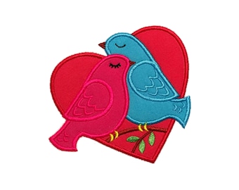 Valentine Love Birds Applique Machine Embroidery Design - Cute Love Birds With Heart Instant Download