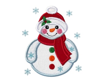 May include: An embroidered patch of a white snowman wearing a red hat with a white pom-pom and a red scarf. The snowman has a carrot nose, pink cheeks, and three buttons in green, orange, and red. Light blue snowflakes surround the snowman.