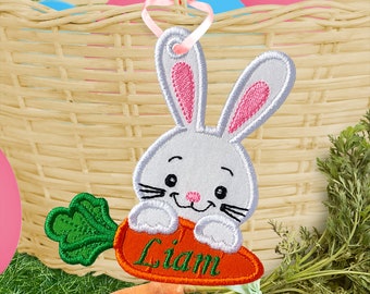 Bunny Face With Carrot Bag Tag for Easter Basket - Easter Bag Tag In The Hoop Applique Embroidery Design - Machine Embroidery Design.