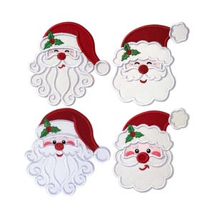 May include: Four embroidered Santa Claus face patches featuring red hats with white trim and pom-poms, white beards, and green holly leaves with red berries. Each patch displays a unique facial expression with rosy cheeks and a red nose.