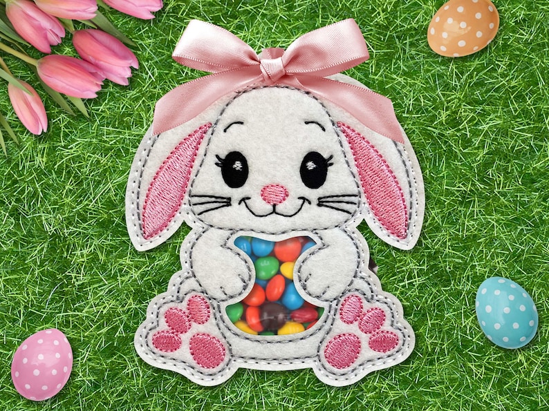 Bunny Treat Bag In The Hoop Machine Embroidery Design - Easter Bunny Peekaboo Treat Bag In The Hoop Machine Embroidery Design. image 1
