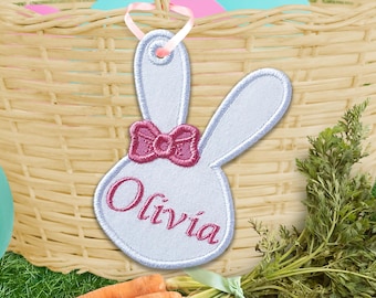 Bunny Face With Bow Bag Tag for Easter Basket - Easter Bag Tag In The Hoop Applique Embroidery Design - Machine Embroidery Design.