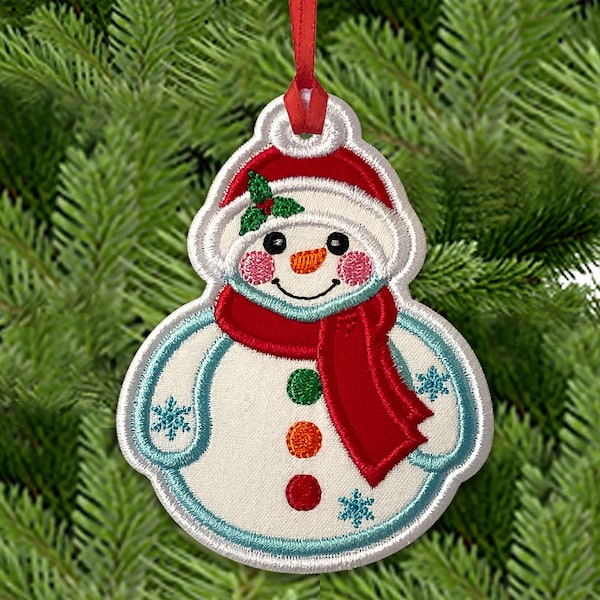 Enfeite de boneco de neve para bordado à máquina - Enfeite de Natal em bastidor - Aplique bordado para bastidor 4x4, 5x7.