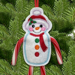 Può includere: Un ornamento natalizio a forma di pupazzo di neve con cappello e sciarpa rossi e braccia e gambe di bastoncini di zucchero. Il pupazzo di neve ha un viso cucito con un naso a carota, guance rosee e un sorriso cucito. È appeso davanti a un albero di Natale verde.