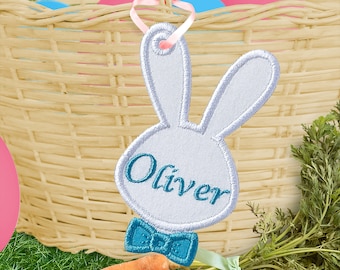 Bunny Face With Bow Tie Bag Tag for Easter Basket - Easter Bag Tag In The Hoop Applique Embroidery Design - Machine Embroidery Design.