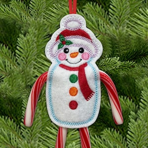Snowman Double Candy Cane Holder In The Hoop Machine Embroidery Design - Christmas Candy Cane Holder In The Hoop Machine Embroidery Design.