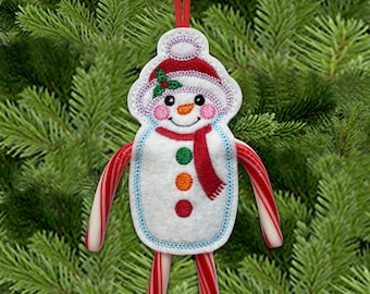 Snowman Double Candy Cane Holder In The Hoop Machine Embroidery Design - Christmas Candy Cane Holder In The Hoop Machine Embroidery Design.