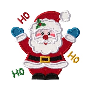 May include: An embroidered patch featuring a cartoon Santa Claus wearing a red suit with a black belt, gold buckle, and white trim. Santa has blue mittens, a white beard, and a holly sprig on the hat. The text HO HO HO appears in red, yellow, and green.