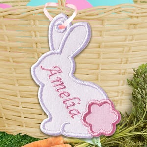Bunny Bag Tag for Easter Basket - Easter Bag Tag In The Hoop Applique Embroidery Design - Machine Embroidery Design. image 1