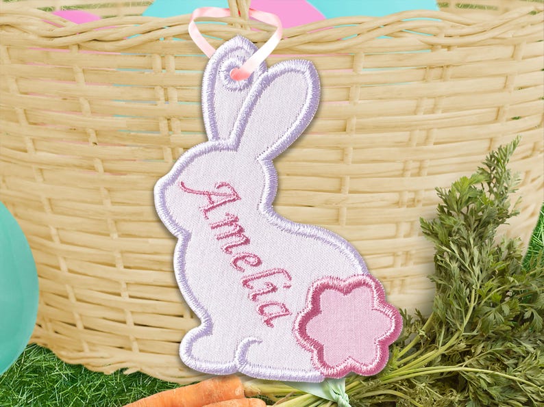 Bunny Bag Tag for Easter Basket - Easter Bag Tag In The Hoop Applique Embroidery Design - Machine Embroidery Design. image 1