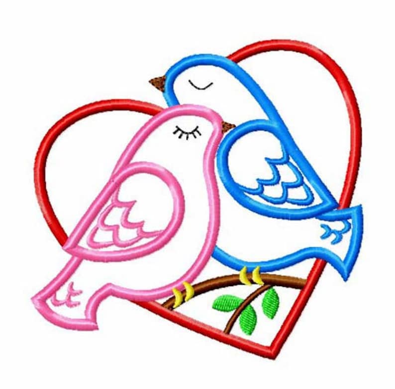 Love birds with a heart embroidery applique designvalentines  etsy