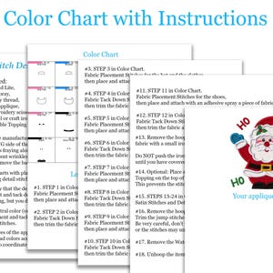 Puede incluir: Un documento de instrucciones de varias p&aacute;ginas titulado Color Chart with Instructions que presenta una gu&iacute;a paso a paso para apliques de bordado. Las p&aacute;ginas incluyen una lista de materiales necesarios, pasos numerados y un gr&aacute;fico de Santa Claus.