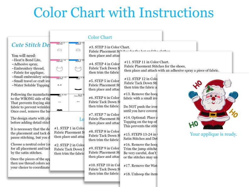 Puede incluir: Un documento de instrucciones de varias p&aacute;ginas titulado Color Chart with Instructions que presenta una gu&iacute;a paso a paso para apliques de bordado. Las p&aacute;ginas incluyen una lista de materiales necesarios, pasos numerados y un gr&aacute;fico de Santa Claus.