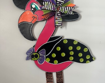 20 inch Witch Flamingo Halloween Door Hanger, Wood Sign, Halloween Door Decor, Flamingo door decor, witch sign