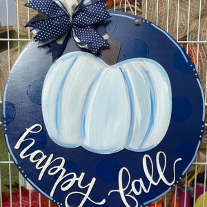 18 inch White Pumpkin on Navy Door Hanger, door decor, white pumpkin, Hello Fall Decor, fall pumpkin hanger