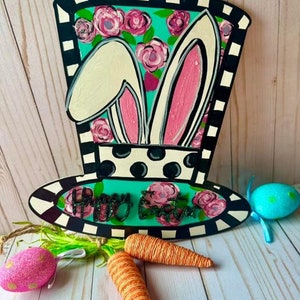 Happy Easter 12in Sign, Wreath Attachment, spring Attachment,Easter wreath Sign, top hat bunny Wreath Sign