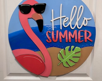 Hello Summer Flamingo Door Hanger: Hand-Painted Wood Sign