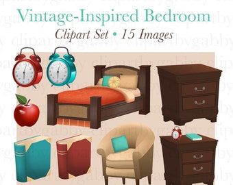 Vintage-Inspired Bedroom Clipart, Clip art