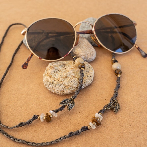 Chaîne de lunettes de soleil en macramé avec pierres naturelles, chaîne de lunettes, sangle de lunettes de soleil, cordon de lunettes, chaîne de lunettes de soleil, boho, hippie, tribal