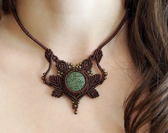 Ivy | Macrame necklace with Lava stone, Macrame leaves, Macrame necklace, macrame lava, lava necklace, macrame jewelry, bohemian necklace