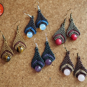 Cualli | Macrame Earrings,  macrame earrings with gemstones, boho earrings, hippie jewelry, drop earrings, amethyst earrings, stone earrings