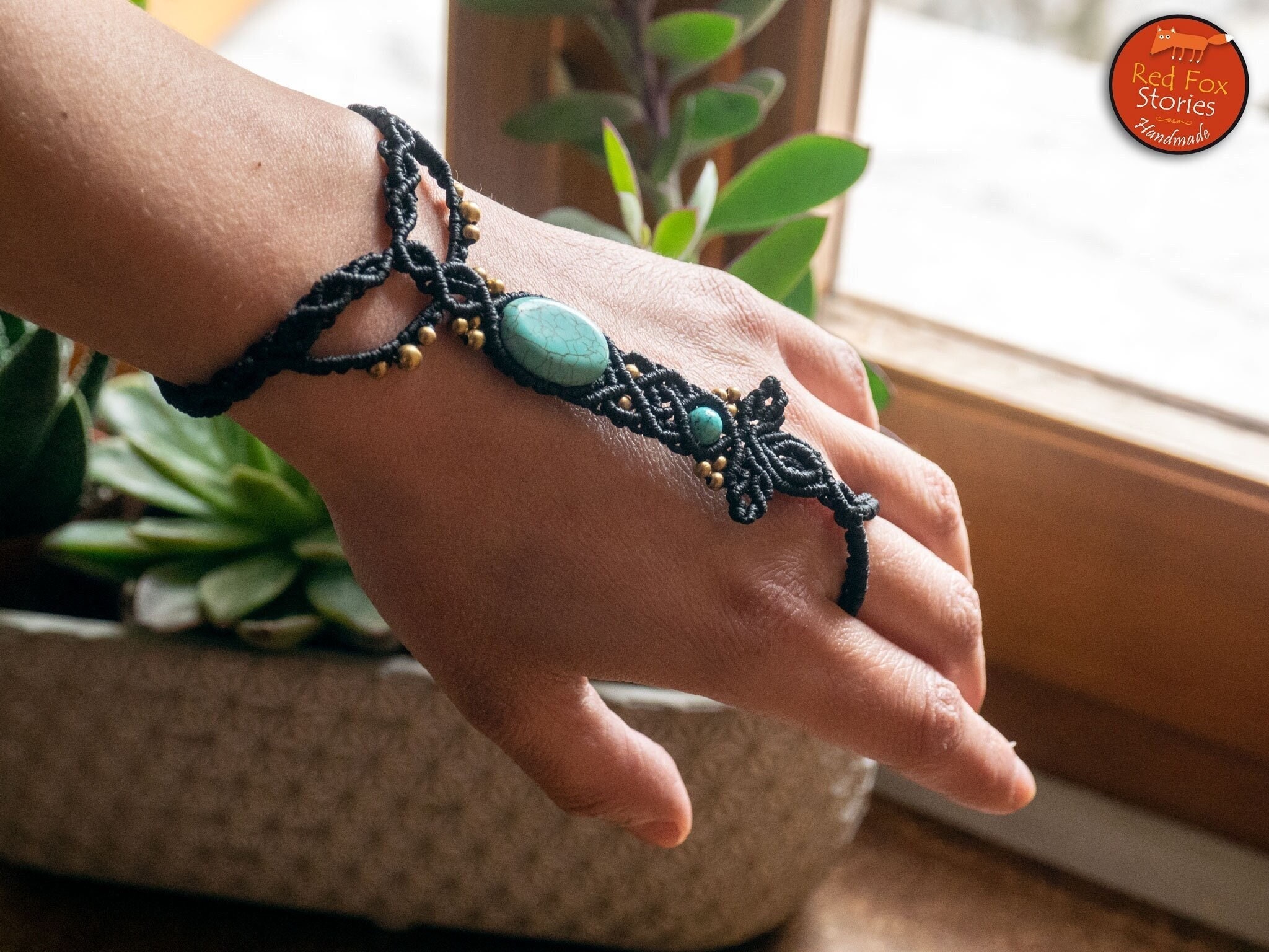 Black Macrame Ring with Turquoise Gemstones Handmade Macrame Jewelry –  ElvysCreations