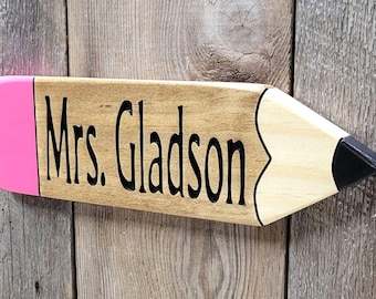 Personalized Pencils Teacher Desk Name Plate Hand Carved Wooden Sign | Classroom Decor Shelf Accessories
