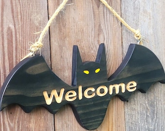 Bat Wings Halloween Decoration Welcome Door Sign Hand Carved | Witchy Gothic Front Door Hanger