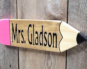 Personalized Desk Name Plate Hand Carved Wooden Teachers Pencil | Custom Shelf School Classroom Decor