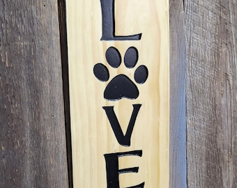 Love Cat Dog Paw Print Hand Carved Wooden Sign | Pet Shelf Sitter Mantel Decor