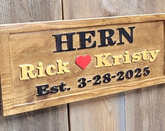 Custom Hand Carved 3D Wooden Wedding Name Sign | Personalized Newlywed Gift
