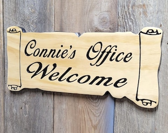 Calligraphy Scroll Parchment Paper Hand Carved Wooden Name Sign | Custom Victorian Front Door Decor