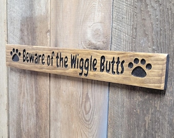 Shelf Decor Beware of Wiggle Butts Hand Carved Wooden Sign | Paw Print Dog Accessories