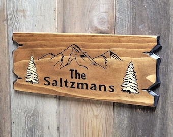 Wooden Name Sign Hand Carved | Custom Lake House Cabin Mountain & Pine Tree Wall Decor