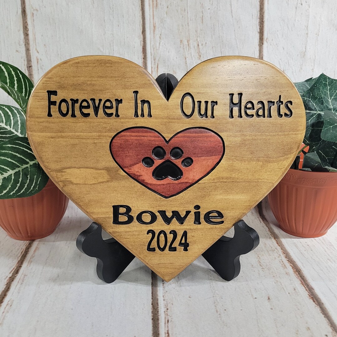 Pet Memorial Wood Plaque, Forever in Our Hearts, Heart Shaped, Paw Print, Pets Name and Date