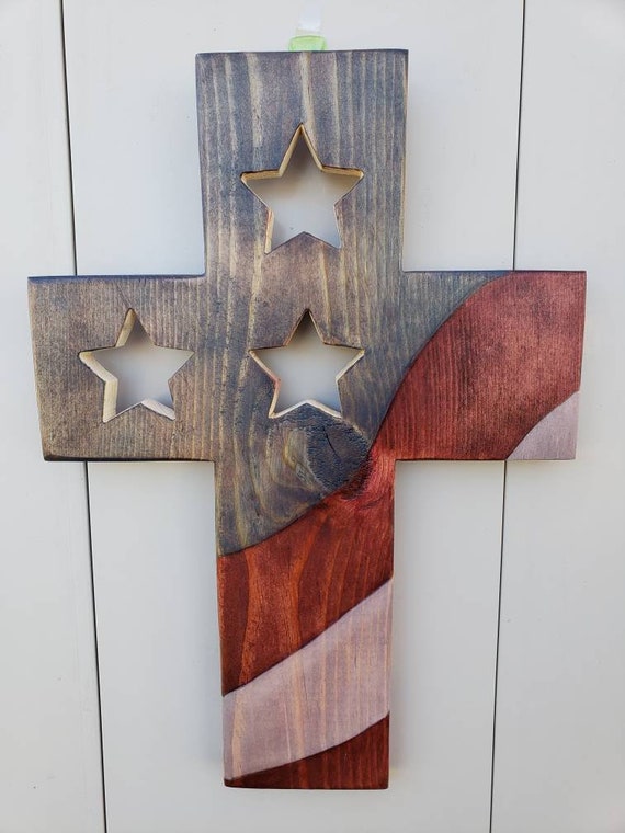 Patriotic American Flag Cross Wooden Etsy